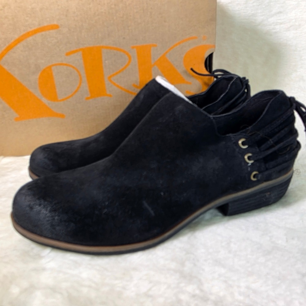 Korks Lydney Ankle Booties Shooties Black Suede Lace Up Back Shoes Women 7 NEW
